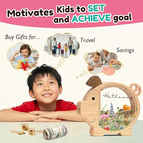 Image of Personalized Piggy Bank, Wooden Money Banks for Kids, Custom Gifts for Boys and Girls, Personalized Piggy Bank for Girls (DK02D Wildflower)