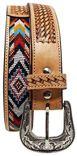Western Antique Basket Weave Tooled Beaded Full-Grain Leather Belt 26FK532