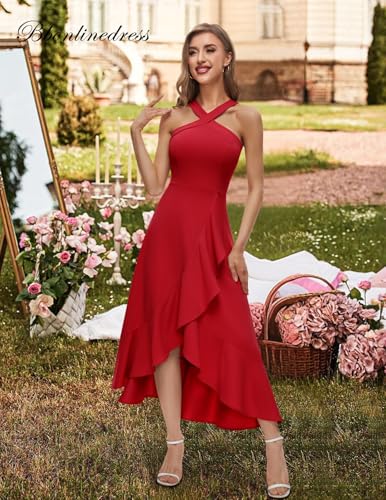 Image of Bbonlinedress Halter Cocktail Women Dresses Prom Formal Wedding Guest Bridesmaid Ruffled Maxi Hi-Lo Evening Party 2026 Dress