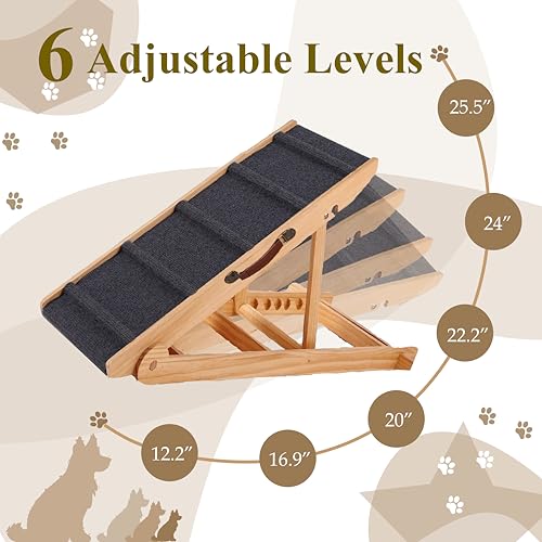 PAWBLISS Adjustable Dog Ramp for All Dogs | 6-Level (12.2"-25.5") Solid Wood Ramp | Non-Slip Carpet for Large & Small Dogs | Supports 200lbs | Portable Dog Ramp for Bed & Couch with Leather Handle - Image 3