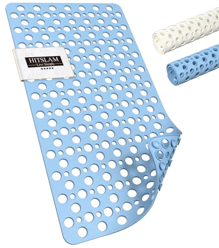 HITSLAM Alfombra de Bañera Antideslizante, 70 x 38 cm Alfombra Ducha Antideslizante Libre de BPA, Resistentes al Moho & Lavables a máquina Alfombra de baño, Drenaje eficiente y fácil de Limpiar, Azul
