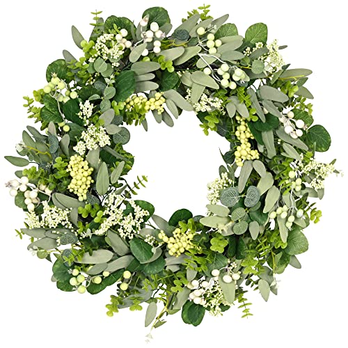Vlorart 24-26 Inch Artificial Spring Summer Greenery Christmas Wreaths for Front Door Green Eucalyptus Leaf Wreath Decor Boxwood with Big Berries for Farmhouse Outside Year Round