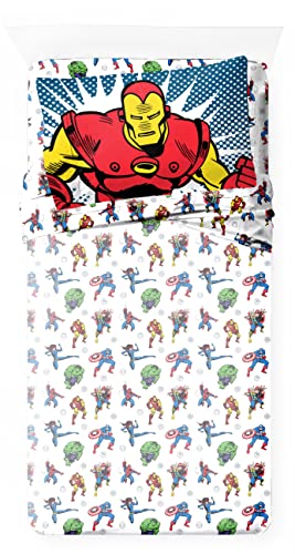 Jay Franco Marvel Comics Avengers Fighting Team - Juego de sábanas individuales de 3 piezas, 100% algodón, incluye sábana bajera, sábana encimera y funda de almohada Cover