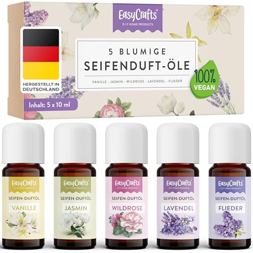 EasyCrafts Seifenduftöl BIO - Seifen Duftöl Set aus 5 x 10 ml blumige Düfte zum Seife selber machen Set - Geeignet für die Seifenherstellung mit Glycerinseife & Shea-Butter - Vegan Made in Germany