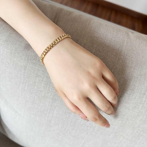 HZMAN 5.5mm Cuban Chain Bracelet for Women - 7.0 Inch Solid Brass Gold Plated Jewelry3