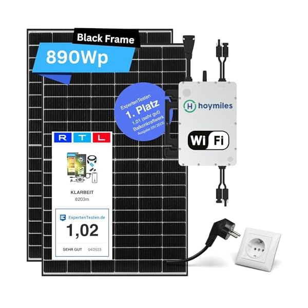 Balkon Solaranlage 800w komplett - Balkonkraftwerk Set mit 2x Solarpanel 445w Black Frame I Hoymiles HMS-800w-2tI 3m Schuko I Balkonkraftwerk 800 Watt I Photovoltaik Komplettanlage
