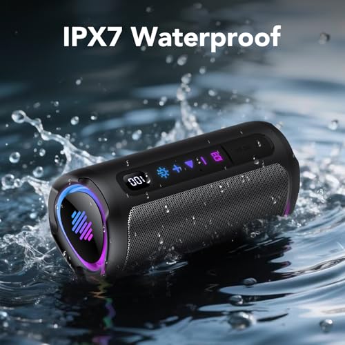 Image of Portable Bluetooth Speaker with Battery Level Display, Powerful Sound Wireless Speaker: Deep Bass, BT 5.4, 20H Playtime, 7 RGB Modes, IPX7 Waterproof, TWS Pairing, Beach /Vacation Essentials(Black)