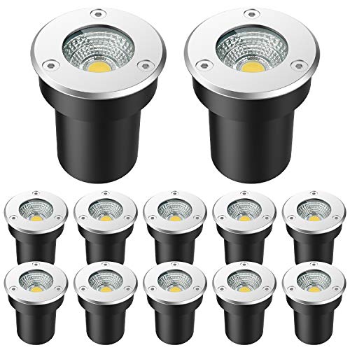 7W Outdoor Ground Lights - Waygor 12 Pack Warm White LED Landscape Lights 12V-24V Well Lights Waterproof Landscape Lighting Low Voltage in Ground Lights for Driveway, Deck, Step, Garden Lights