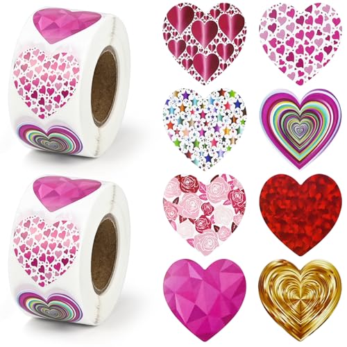 JAXICREY Heart Stickers 1000pcs Glitter Love Sticker 2.5cm Foil Sparkly Love Heart Stickers Self Adhesive for Scrapbooking Envelope Gifts Birthday Wedding Valentines Day Teacher Reward Party