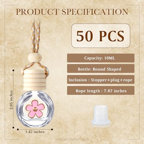 Image of BBTO 50 Pcs Hanging Car Air Freshener Car Diffuser Bottles Empty Glass Perfume Bottle Freshener Diffuser Bottle Pendant for Essential Oil Fragrance Aromatherapy Ornament(Clear,Flower)