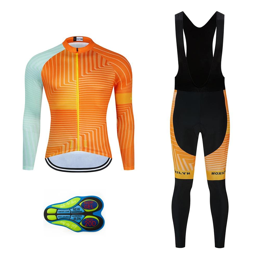 Moxilyn Cycling Jerseys Men Set Bike Clothing for Men Long Sleeve Bike Jacket and Cycling Bibs Pants with 20D Gel Pad, H4s-28, Large