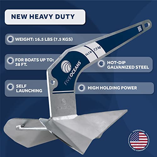 Five Oceans Delta Style Wing Anchor, 16.5 Lb / 7.5 Kg Hot Dipped Galvanized Steel Boat Anchor, Premium Series, For Pontoon, Fishing Boats, Bass Boats, Sport Boats, Sportyachts, Sailboats - Fo3685 #TOP1