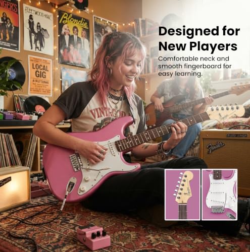Image of Fender Squier Stratocaster - Flash Pink Bundle with Amplifier, Gig Bag, Instrument Cable, Strap, Picks, and Austin Bazaar Instructional DVD