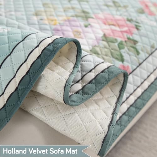 Image of HOKIPO 'LiefNest' Holland Velvet Sofa Cover Mat with Foam Filling for 1 /2 /3 Seater & L-Shape Sofa. Make Your Own Sofa Cover Set, Mat Size: 180(L) cm, Fresh Floral Pastel Blue (NEW-IN-825-D3)