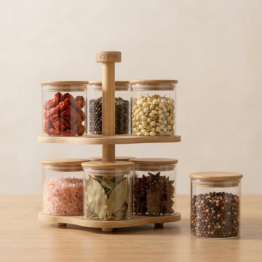 Image of Rotating 2-Tier Borosilicate Glass Spice Jar Set of 8 | 370ml Each | Airtight Lids | Revolving Stand | Masala Storage for Indian Kitchen | Lead-Free
