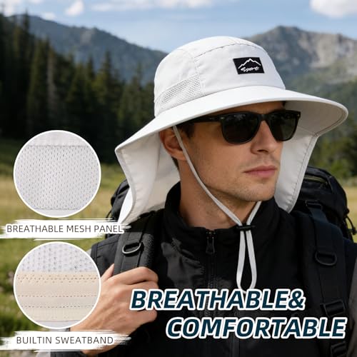 Image of Rosoz Outdoor Sun Hat for Men Women, UPF50+ Protection Safari Cap Wide Brim Mesh Fishing Hat with Neck Flap Beach Garden