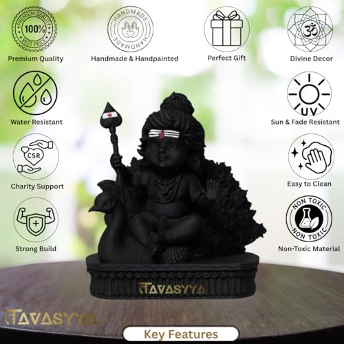 Image of Lord Murugan Idol | Bal Kartikeya /Skanda /Subrahmanya Swamy Statue with Peacock | for Mandir, Car Dashboard, Home Temple, Office Desk & Home Decor | Spiritual Gifting & Housewarming
