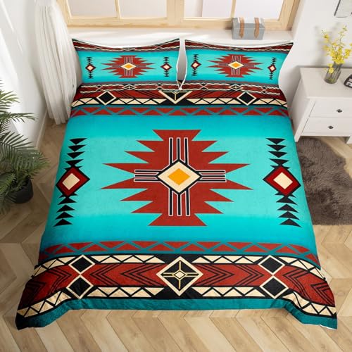 Southwest Duvet Cover Set Full Size,Geometric Aztec Tribal Striped Print Bedding Set Rustic Western Comforter Cover for Kids Girls Boys Men Room Decor,Adult Retro Turquoise Red Quilt Cover 3Pcs
