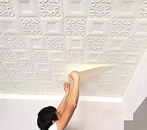 CuteWallDesigns Ceiling Wallpaper (10 Pcs) 3D Foam Wallpaper Sticker Panels I Ceiling Wallpaper for Living Room Bedroom Foam Tiles (Square Design, White Colour, 10 Pieces, 70x70 cm Each)