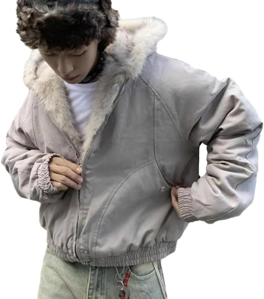 Lunoakvo Women Retro Fleece Fur Collar Hooded Zip Up Jacket Unisex Men Street Hip Hop Thick Harajuku Oversize Jacket Coat