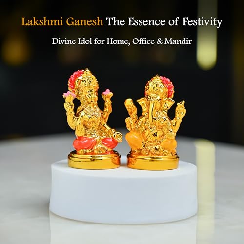 Image of HindCraft Golden Laxmi Ganesh Idol Set for Pooja - Decorative Gold Lakshmi Ganesha Murti for Home Temple, Office, Car Dashboard Showpiece for Family & Friends