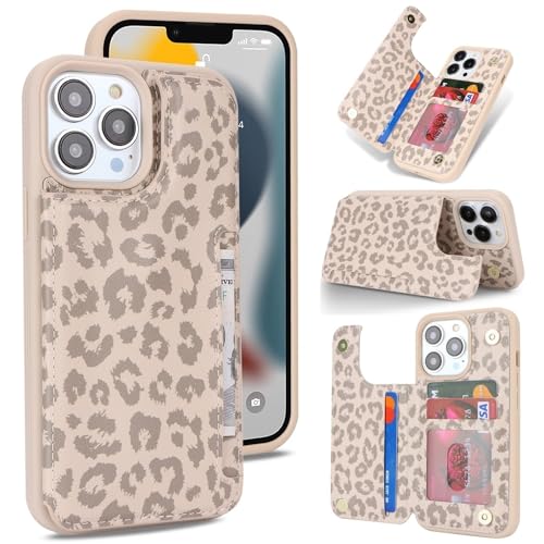 iCoverCase Compatible with iPhone 13 Pro Case with Card Holder Wallet Phone Case for Women Men RFID Blocking PU Leather Protective Case 6.1 Inch (Beige Leopard)