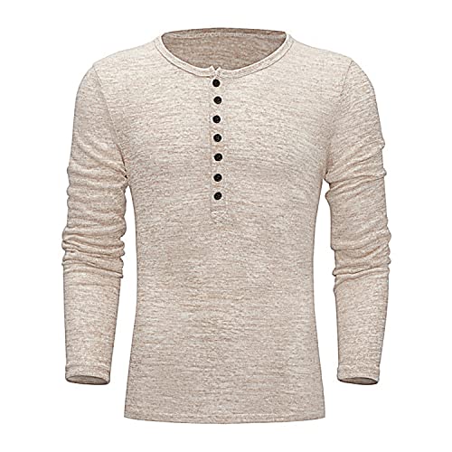 Maiyifu-GJ Men's Fashion Casual Front Placket Long Sleeve Fashion Cotton Shirts Retro Button Down Washed T-Shirts (Khaki,X-Large)