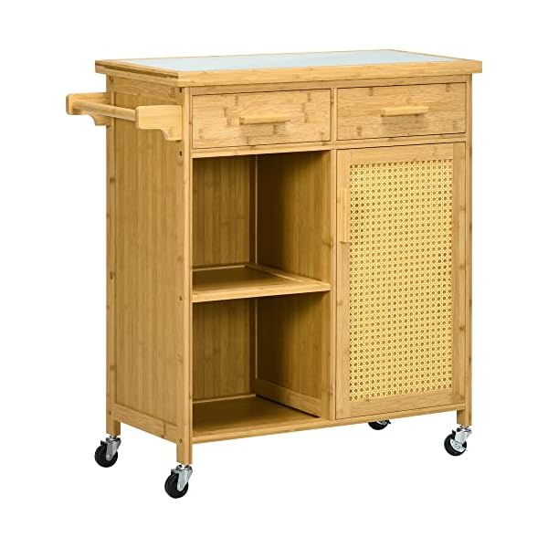 HOMCOM Küchenwagen mit Schublade, Schrank, offenem Ebenen, Servierwagen, Aufbewahrungswagen mit Handtuchhalter, Glastischplatte, Bambus, Natur, 84 x 36 x 85 cm