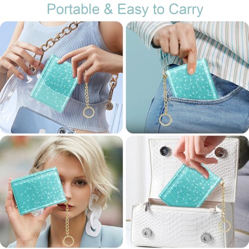Image of Trifold Small RFID Blocking Wallet Pocket Cute Short Slim Sparkling Credit Card Holder Leather Keychain Ladies Mini Purse with ID Window, Glitter Blue Green
