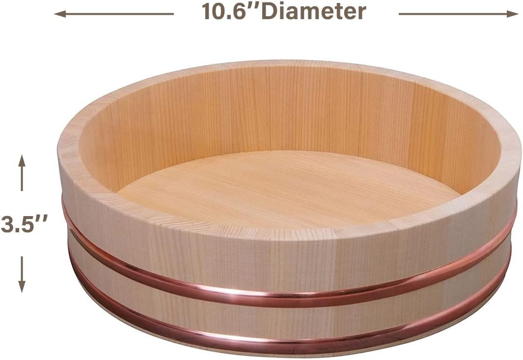 TIKUSAN Wooden Hangiri Sushi Rice Mixing Tub Copper Band Made in Japan Made of Sawara Cypress Sushi Rice Bowl Sushi Oke (10.6" (27cm))