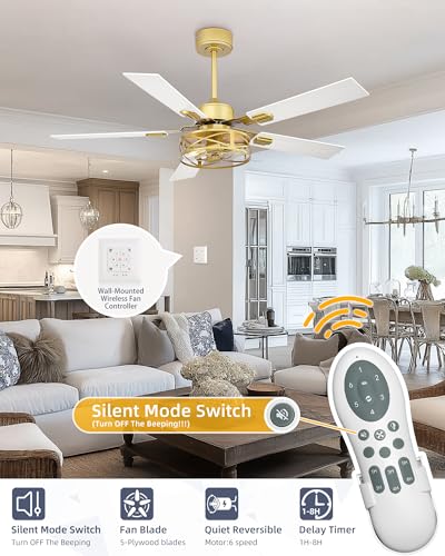 Image of YOUKAIN 48 Inch Ceiling Fans with Lights, Farmhouse Ceiling Fans with Wall Switch and Remote Control, 5-Reversible, Gold Finish, Outdoor Ceiling Fan for Cover Patio, 48-YJ632-GDW-WS