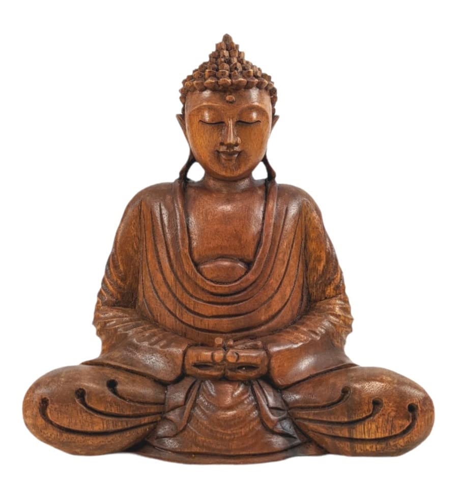 Artisanal Statue Bouddha Assis en Position du Lotus - Bois Massif sculpté Main 20cm