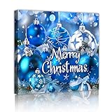 ブルークリスマスボール装飾キャンバスウォールアートビンテージカントリーフレームペインティングウィンターホリデーリビングルームホリデーホームウォールデコレーション50x50cmインナーフレーム