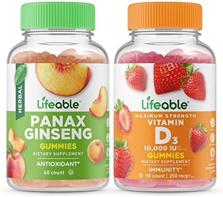Lifeable Panax Ginseng + Vitamin D 10000 IU, Gummies Bundle - Great Tasting, Vitamin Supplement, Gluten Free, GMO Free, Chewable Gummy