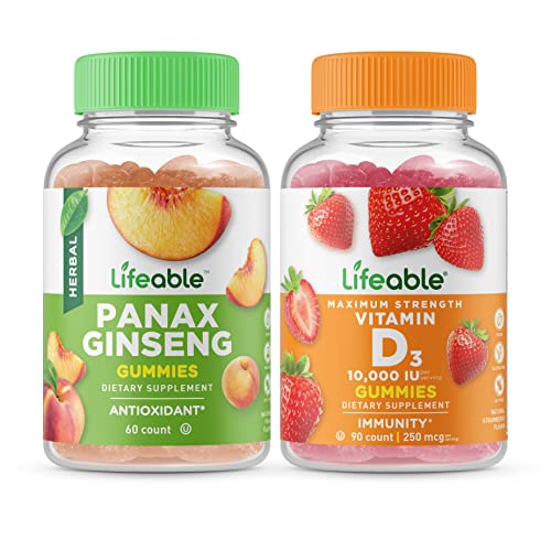 Lifeable Panax Ginseng + Vitamin D 10000 Iu, Gummies Bundle - Great Tasting, Vitamin Supplement, Gluten Free, Gmo Free, Chewable Gummy #TOP2