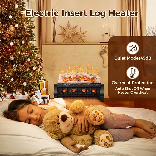 Joy Pebble Electric Fireplace Insert Log Heater 21",750W/1500W Adjustable 5 Flame Brightness,5 Speed Mode,Fireplace Insert with Realistic Ember Bed and Whitish Gray Log,Remote Control