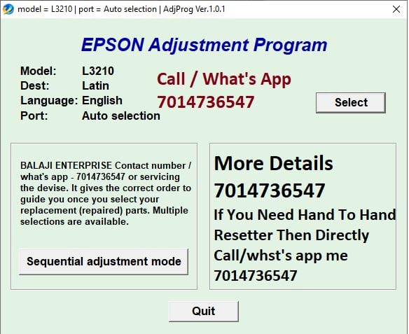 Adjustment Program Resetter Single Pc L3210 L3215 L1210 (Email Delivery – No CD)