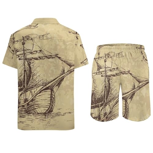 Mens White Tile Texture Hawaiian Short Sleeve Button Down Shirt And Shorts Suits 2 Piece,4