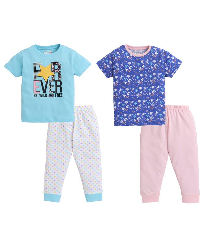 Image of BUMZEE Blue & Pink Girls Half Sleeves T-Shirt & Pajama Set Pack of 2 Age - 3-4 Years
