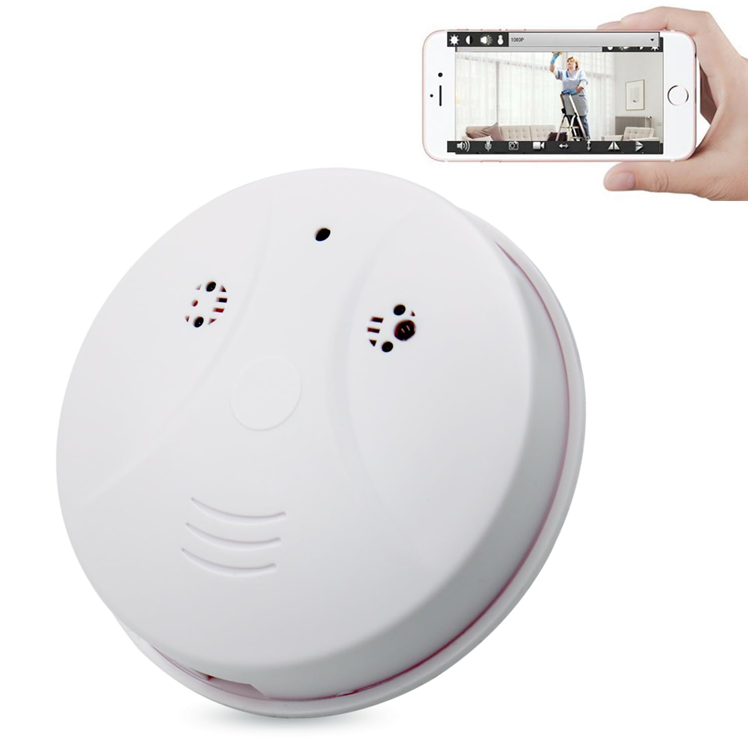 Mini cámara detectora WiFi, 1080P, cámara de seguridad inalámbrica para niñera, detector de humo con detección de movimiento/visión nocturna/vista remota para vigilancia del hogar y la oficina, sin