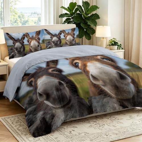 Juego de funda de edredón multicolor de 260 x 220 cm, microfibra cepillada suave, fundas nórdicas rústicas, colcha con temática de burro para niños y niñas (cierre de cremallera)