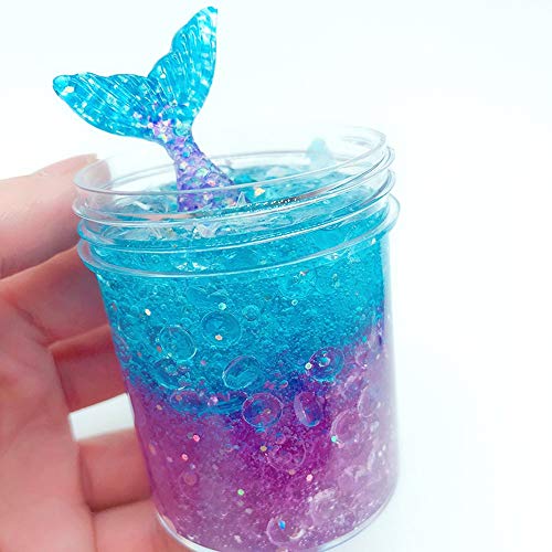 sloueasy - 2018 Newest Ice Crystal Slime Mud with Fishbowl Beads Slime Putty Toy,250ml Jumbo Floam Slime with Fish Tail Clays Molds Doughs Craft Beading Supplies (Purple+Blue)