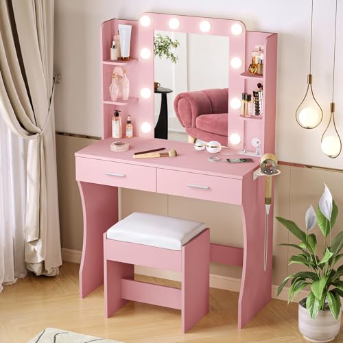 Image of Vabches Vanity Desk with Lights,Makeup Vanity with Power Strip,Dressing Table Set with 2 Large Drawers,Vanity Mirror 3 Lighting Color Adjustable,Pink
