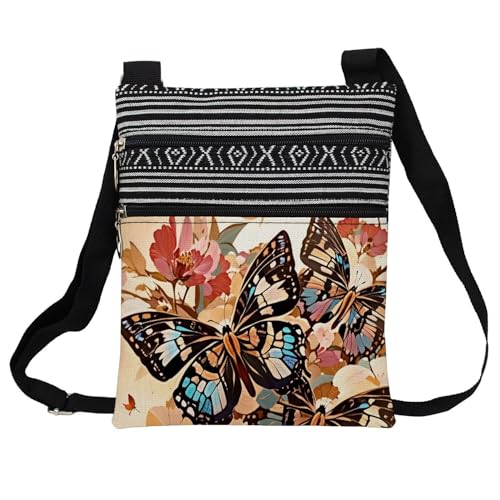 Floral Butterfly Messenger Bag Small Ethnic Pattern Printed Adjustable Strap Crossbody Zipper Bag Floral Butterfly Phone Bag Wallet Cute Shoulder Handbag for Women - 2