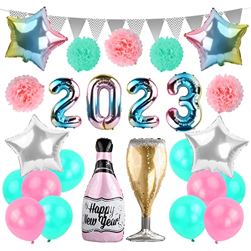 Xzeemo Decoration Nouvel an 2023, 38 pièces Deco Fete Nouvel Année, Kit de Décorations de Bonne Année, Nouvel An 2023 Ballons, Happy New Year Bannière 2023 or noir Kit de fête Déco Nouvel an deco 2023 Cover