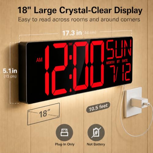 Image of JALL 18 inch Large Digital Wall Clock with Big Numbers, Remote, Timer, 12 RGB Wall Clock with Date and Temp for Teachers Seniors, Digital Clock for Arena, Gym, Living Room Classroom Decor, Red