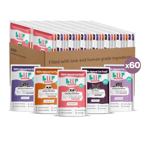 Image of BLEP All Recipes 100% Natural Wet Cat Food | Tuna, Mackerel, Sardine, Juicy Chicken & Cheeky Chicken | Human Grade, Zero Preservatives | High Protein Meal for Kittens & Adult Cats | 50g | 60 Pack