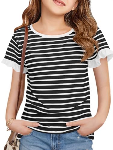 Haloumoning Girls Striped Ruffle Short Sleeve T Shirts Kids Summer Crewneck Tops Casual Tees 5-14 Years