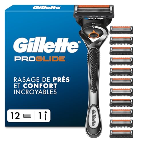 Gillette rasoir pour hommes Proglide, 12 cartouches à 5 lames en acier inoxydable, avec bande lubrifiante avant et après pour un rasage de près et un...