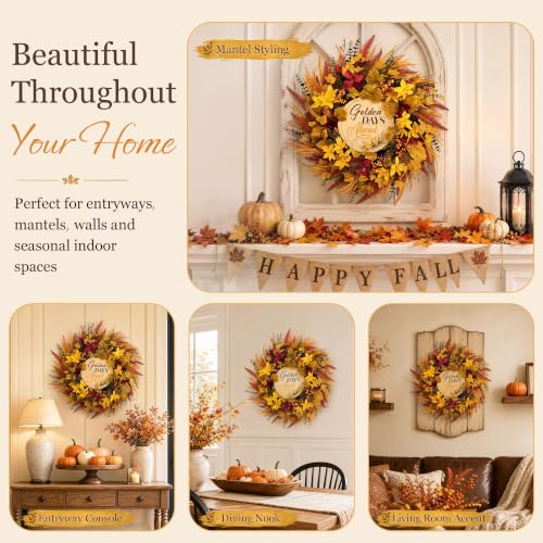 24" Wizcave Autumn Fall Wreath w/ Storage Bag & Wood Sign - image 7